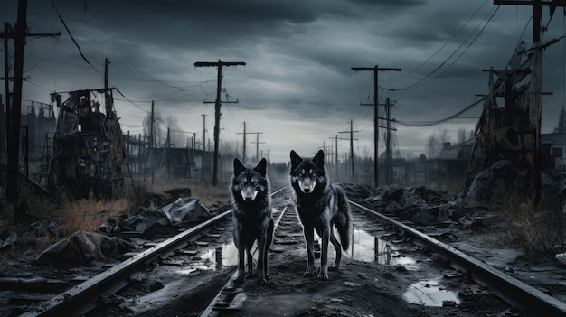 wolves on a railway track