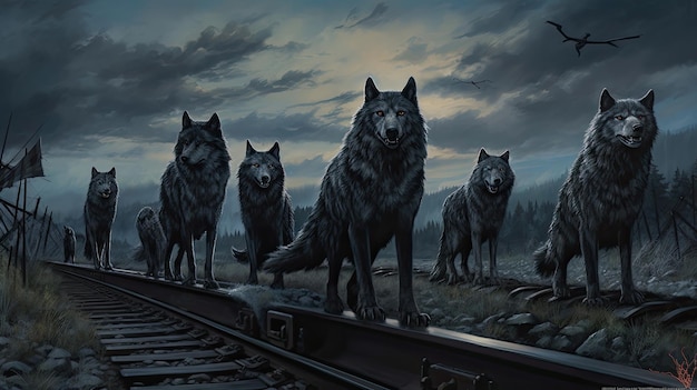 wolves on a railway track