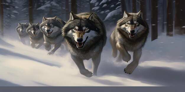 Wolves running through snow near a log stylish image