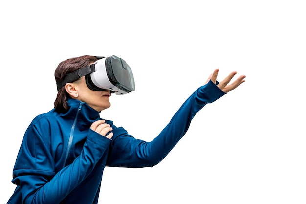 Woman in 360 view virtual reality headset playing the game isolated on white background 3D device gadget for watching movies for travel and entertainment in 3d space Cardboard VR AR glasses