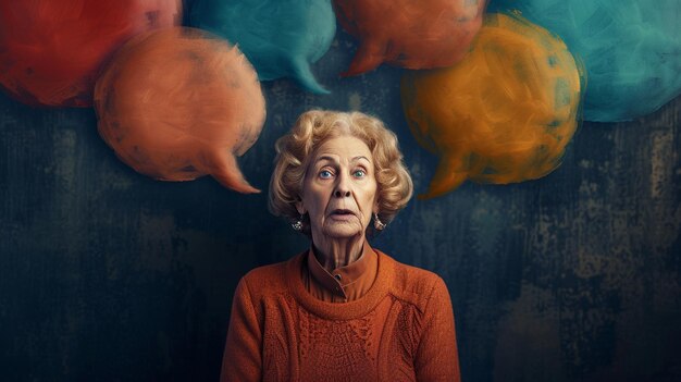 Photo a woman 65 years old emotion is thoughtful what do others really think about her surrounded by 4 speech bubbles