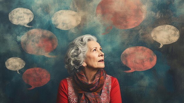 Photo a woman 65 years old emotion is thoughtful what do others really think about her surrounded by 4 speech bubbles