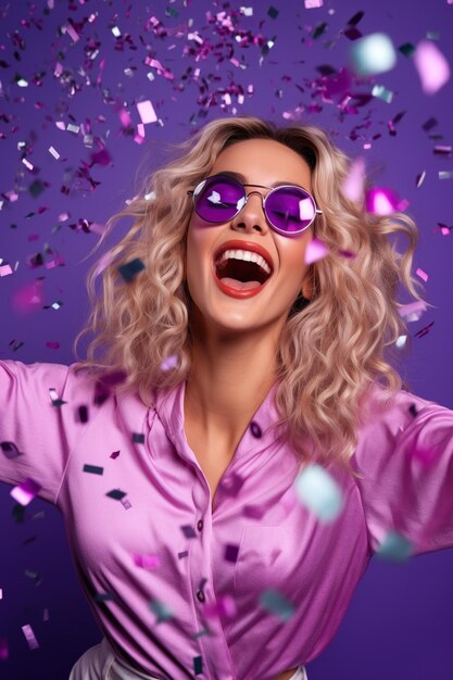 Photo woman in 80s style clothes in sun glasses on nightclub with confetti isolated purple color background