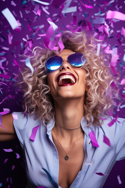 Woman in 80s style clothes in sun glasses on nightclub with confetti isolated purple color background