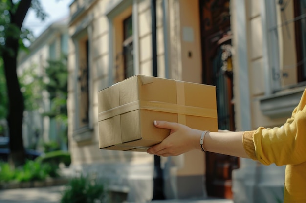 Photo woman accepts delivery of boxes from deliveryman