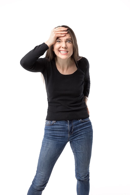 woman actively gesticulating isolated on white