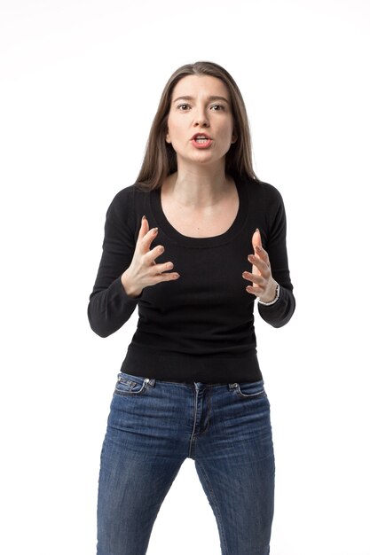 woman actively gesticulating isolated on white