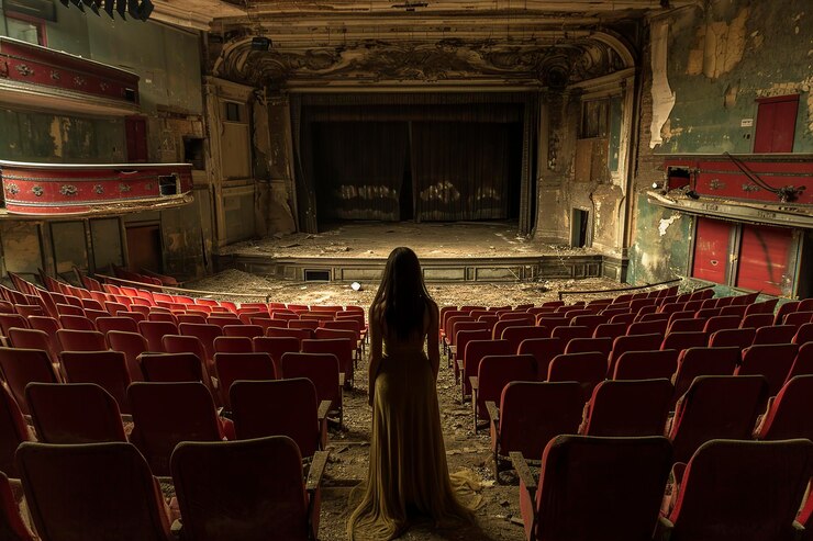 Photo woman actress who abandons her performance in the theater saying goodbye to him