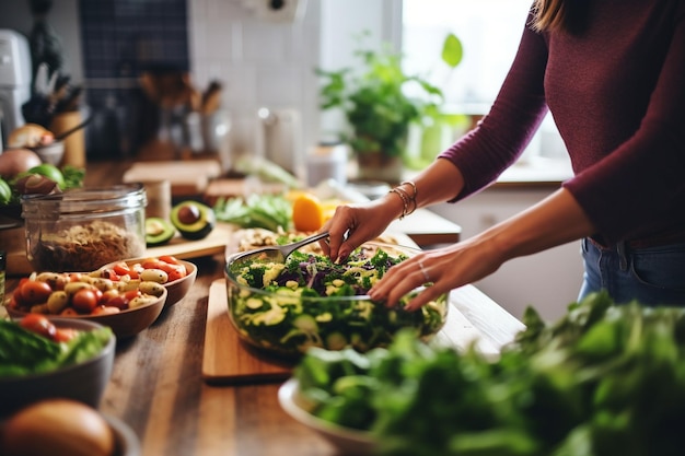 Photo woman adding nuts to salad for extra crunch