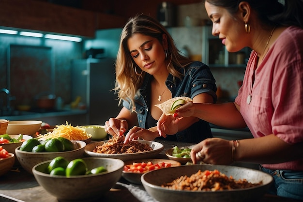 Woman Adding Salsa to Carnitas Tacos