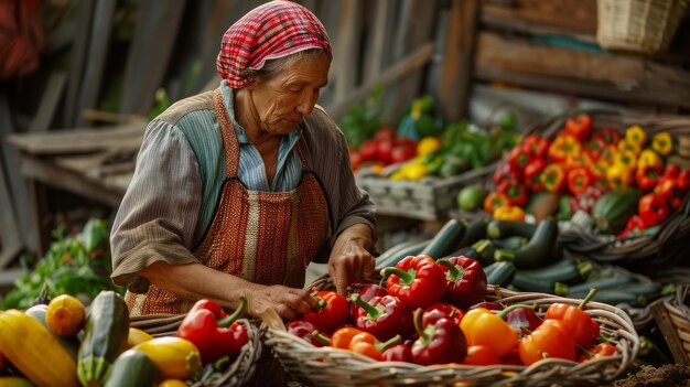 Женщина восхищается яркой выставкой свежих овощей на фермерском рынке