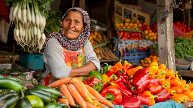한 여자 는 지역 시장 에서 신선 한 채소 들 이 활기차게 전시 되어 있는 것 을 감상 하고 있다