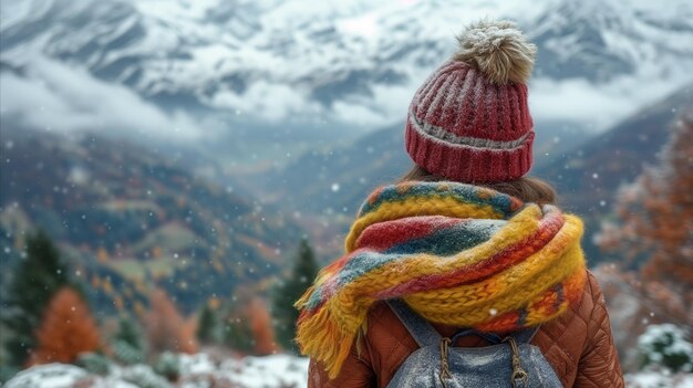 Woman admiring snowy mountain landscape in winter