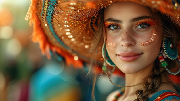 A woman adorned in colorful ornate clothing with a decorated hat celebrating at a festival Cinco De Mayo