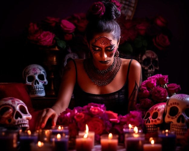 Woman adorned in traditional Day of the Dead sugar skull makeup