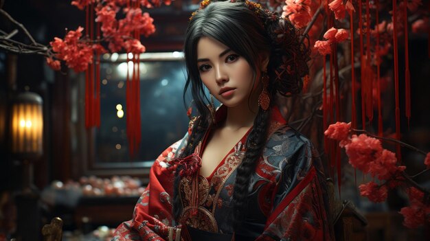 A woman adorned in a vibrant red kimono adorned with delicate flowers stands gracefully