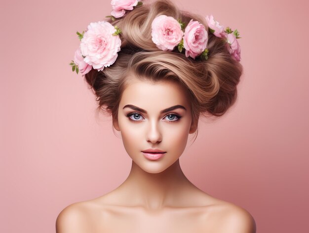 Photo a woman adorned with flowers in her hair on a pink background