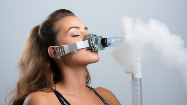 A woman adorned with an oxygen tube breathes in lifegiving oxygen