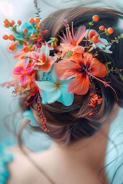 Photo woman adorned with teal and coral tropical flowers