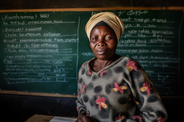 A woman african teacher in front of chalkboard photo