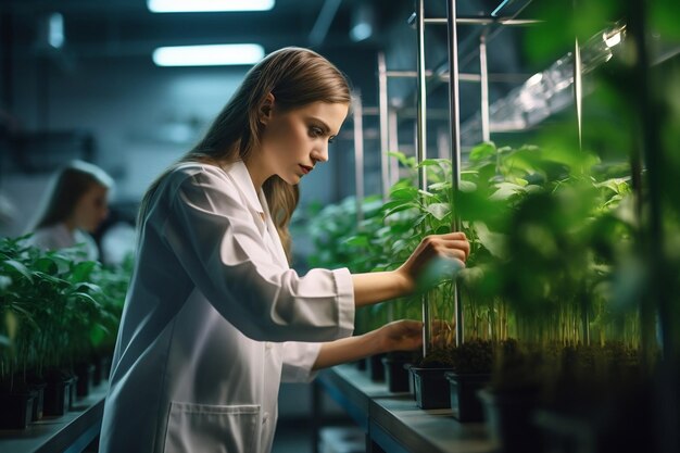 Woman Agronomist and Biologist Cultivating Green Plants in Los Angeles Ai