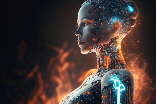 Woman Ai Robot using brain Humanoid on glowing light background Generative Ai