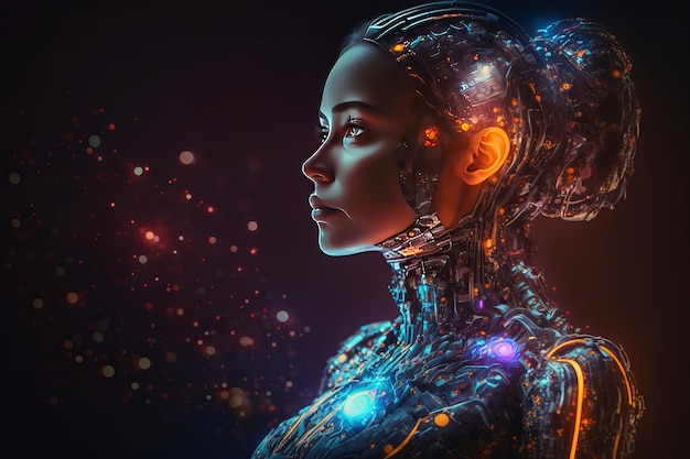 Woman Ai Robot using brain Humanoid on glowing light background Generative Ai