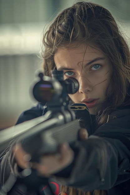 Фото Женщина, стреляющая из винтовки, подходящей для концепции безопасности или опасности