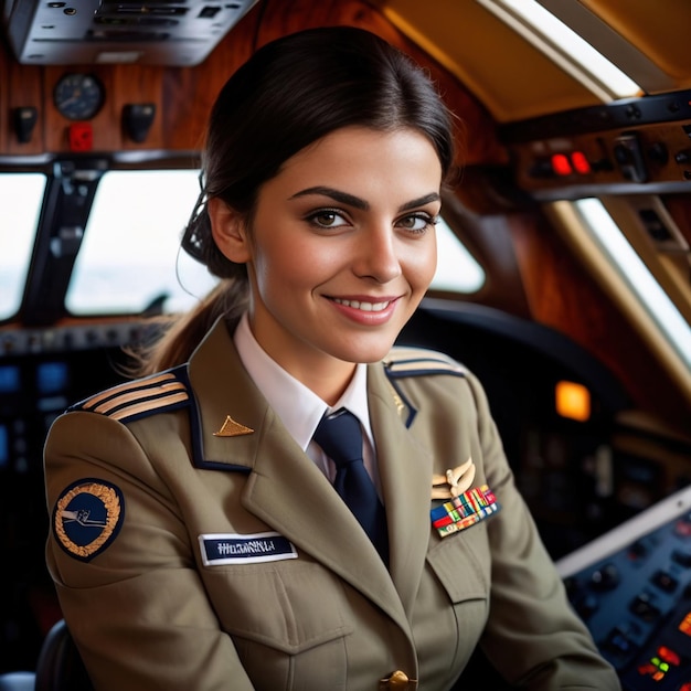 woman airline captain in cockpit of airplane smiling