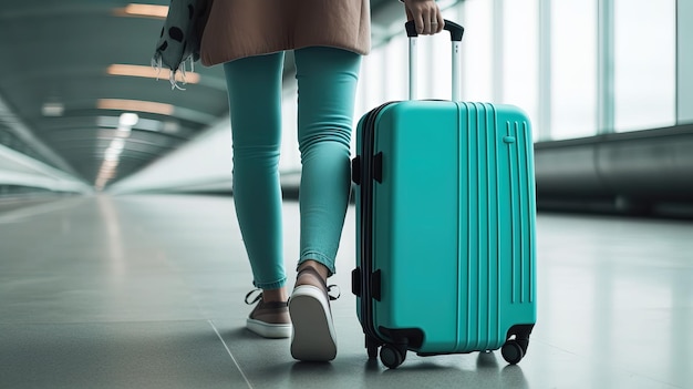 Woman in an airport with blue suitcase Generated ai