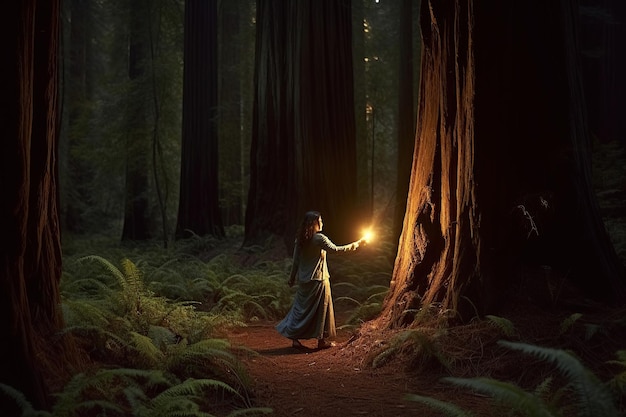 A woman alone in an ancient forest illuminated