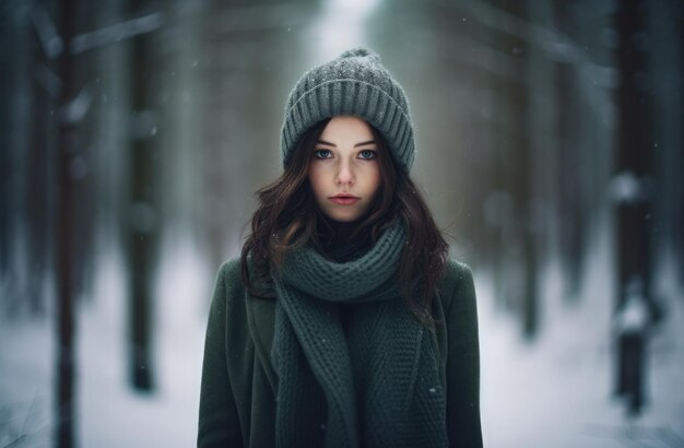 Woman alone in the forest during a winter snow