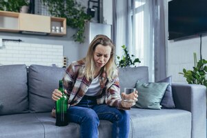 Photo woman alone at home grief and depression drinking strong alcohol alcoholic sitting at home on the couch