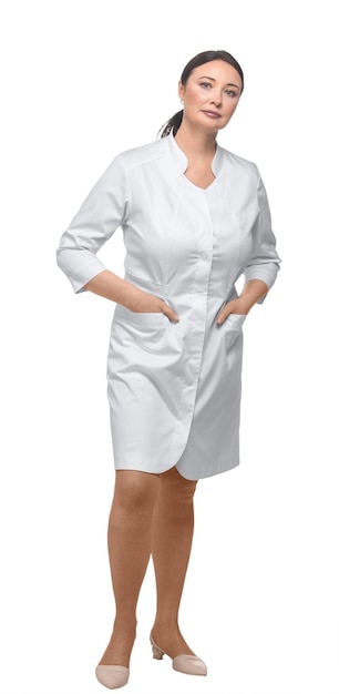 Photo woman alone in a medical white gown on an isolated white background fulllength portrait