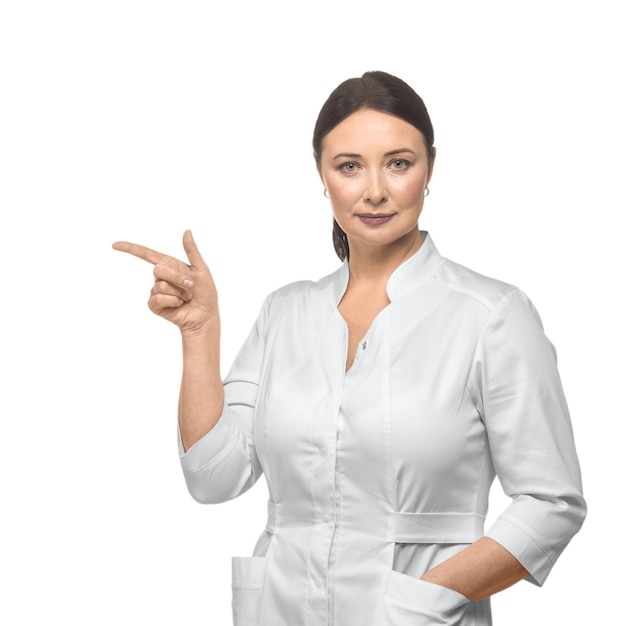 Woman alone in white coat on an isolated white background halflength portrait