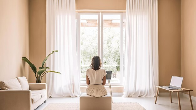 Woman alone working at home with her laptop Remote work concept illustration Generative AI