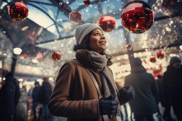 Женщина среди шумного рождественского праздничного рынка Создано с помощью генеративной технологии искусственного интеллекта
