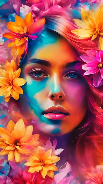 Woman amidst a halo of colorful flowers