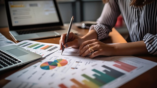 A Woman Analyzes Documents and Charts on Her Office Desk