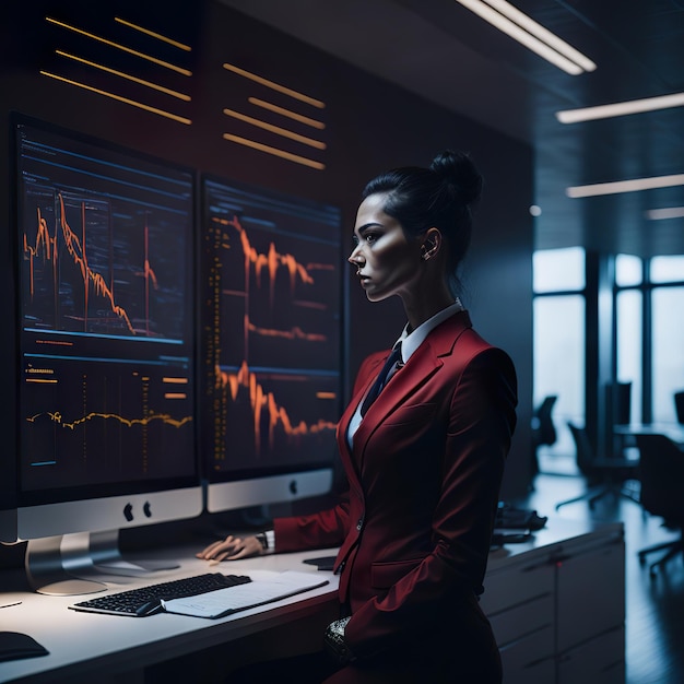 技術者のオフィスで株を分析する女性