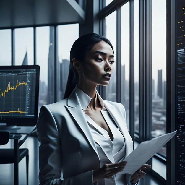 Woman analyzin stocks in the technologist office