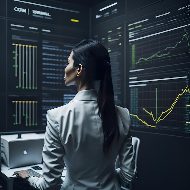 技術者のオフィスで株を分析する女性