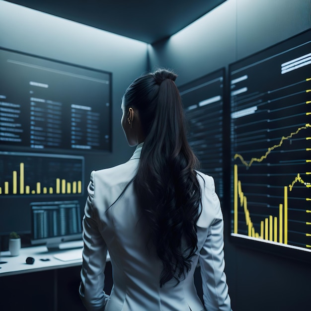 Woman analyzin stocks in the technologist office