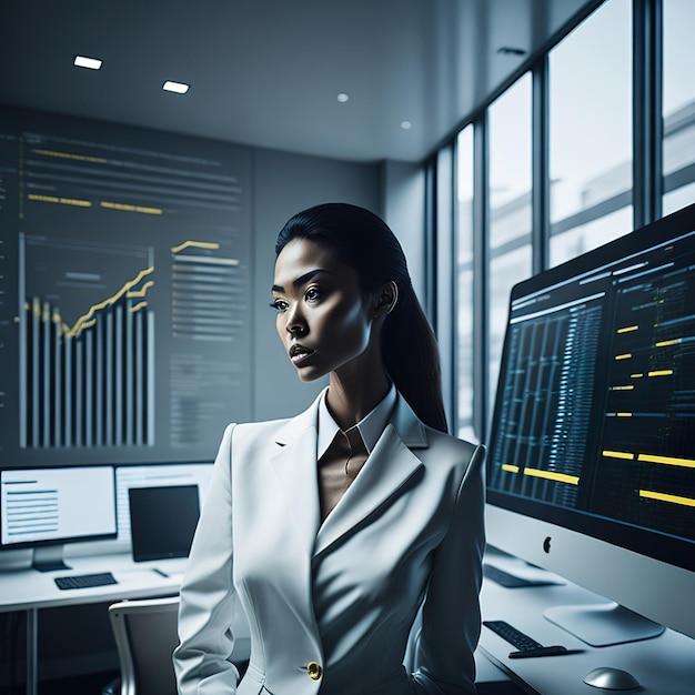 Woman analyzin stocks in the technologist office