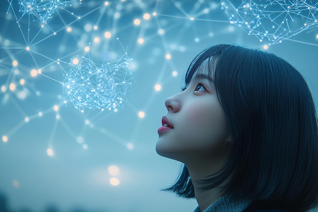 woman analyzing neural network graphics in a high tech environment symbolizing the intersection of