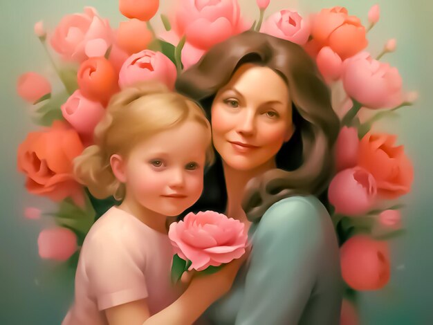 Фото Женщина и дочь с розой в объятиях и в окружении цветов всемирный день матери в масле