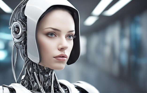 woman android robot modern technology work in the laboratory in the office introducing new modern technologies This photo was generated using Leonardo AI