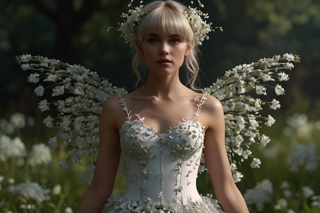 a woman in an angel costume with flowers in her hair