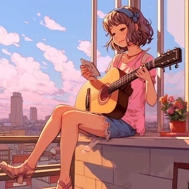 Photo woman anime character lady playing guitar