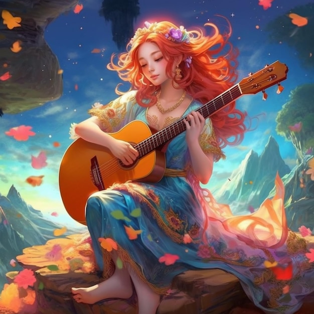 Woman anime character lady playing guitar